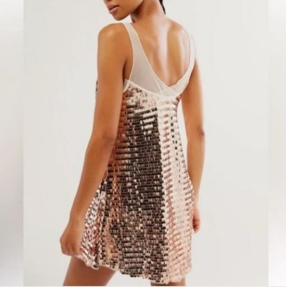 New Free People Intimately Disco Fever Sequins Mesh Gold Mini Slip Dress - Picture 4 of 13